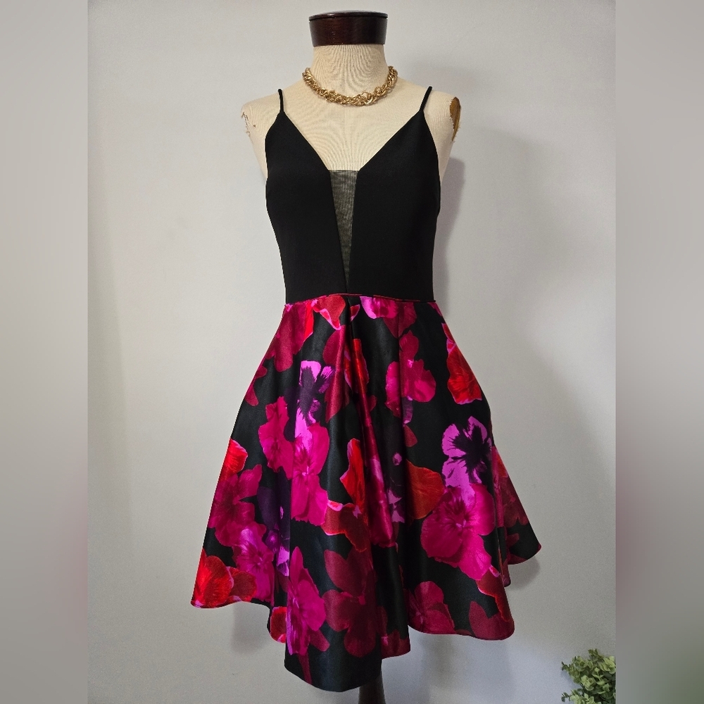 BETSY & ADAM Floral Fit And Flare Mini Party Dress In Pink And Black. Size 4
